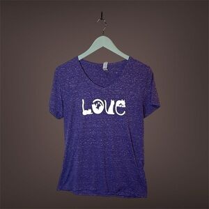 Jerzees t-shirt cat graphic  “LOVE” short sleeve v-neck heathered purple